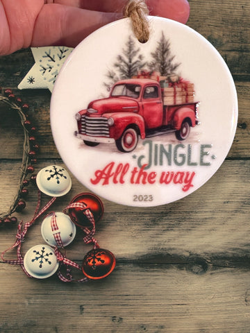 Jingle All the Way Red Vintage Truck Christmas Ornament