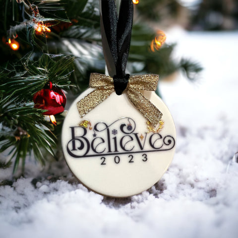 Believe Black and Gold 2023 Ceramic Christmas Ornament