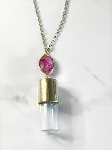Pink Agate Rollerball Essential Oil Necklace with chain and roller bottle